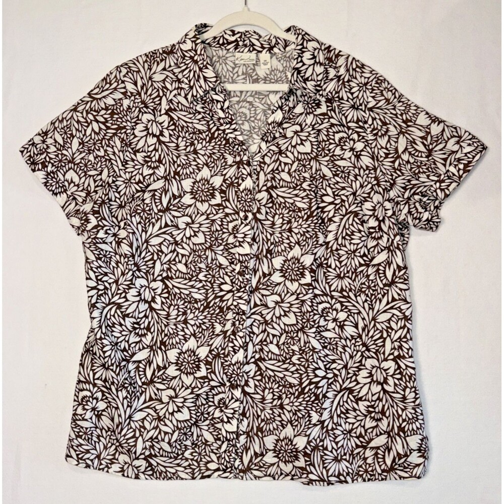 Kim Rogers 100% Linen Top White w/Brown Buttons Sz 2X Floral Lagenlook Pop Art
